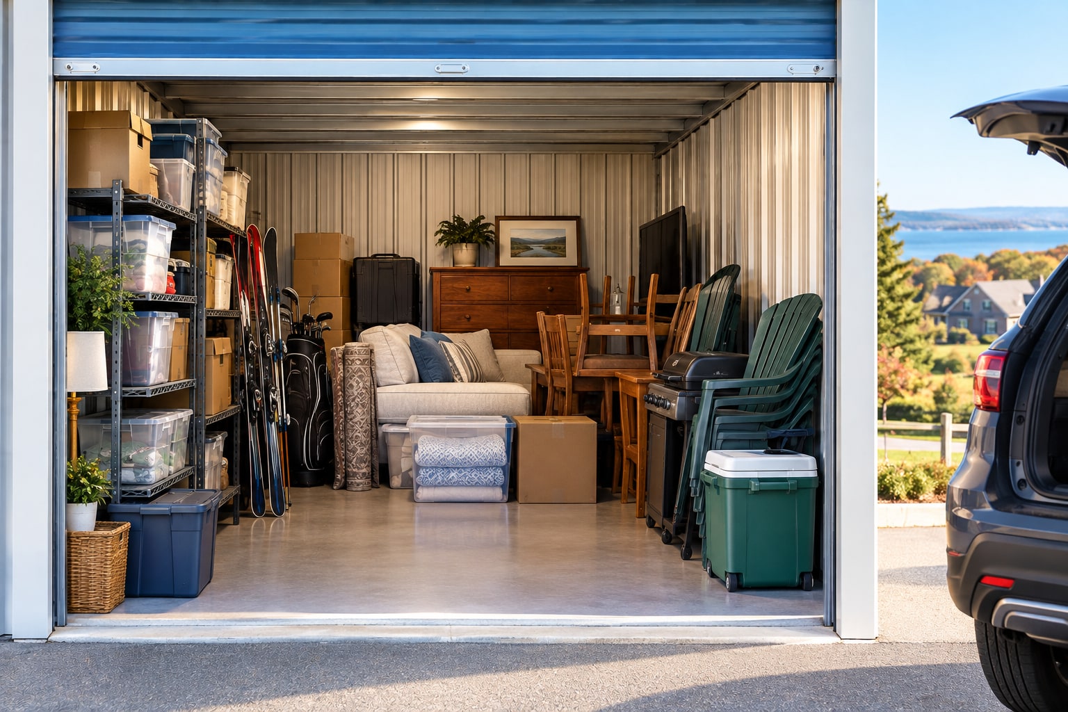 Garage storage unit packed with seasonal gear, furniture, and a car parked outside