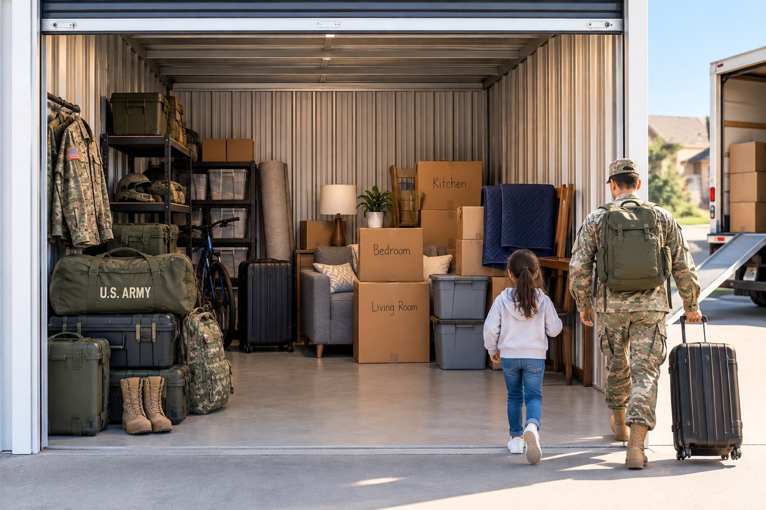 Military family with a service member packing a storage unit during a move