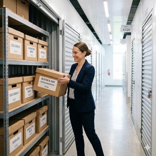 Business owner organizing inventory in a storage unit