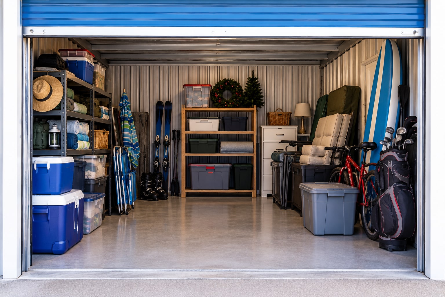 Storage unit packed with beach gear, surfboard, bikes, and holiday decorations for a seasonal resident