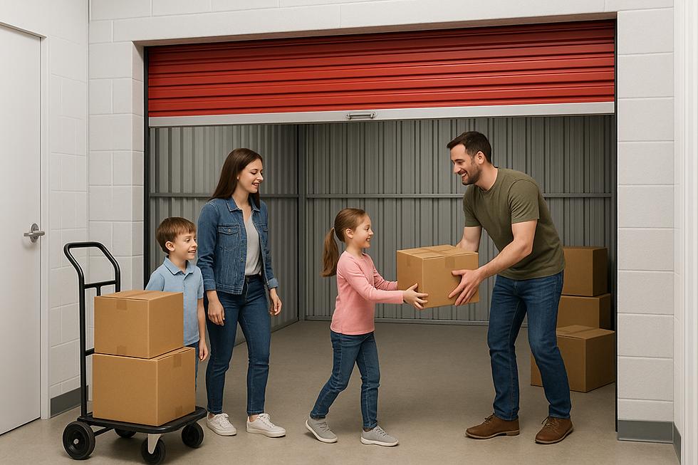 Family moving boxes into a storage unit